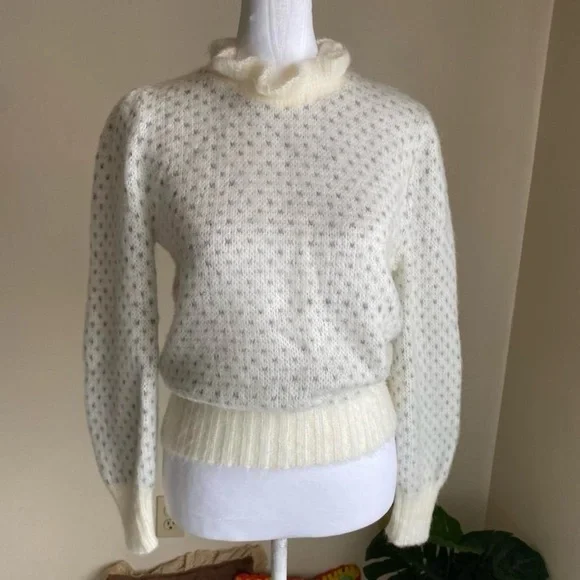 Vintage ivory & gray fuzzy ruffle neck sweater - Picture 7 of 8